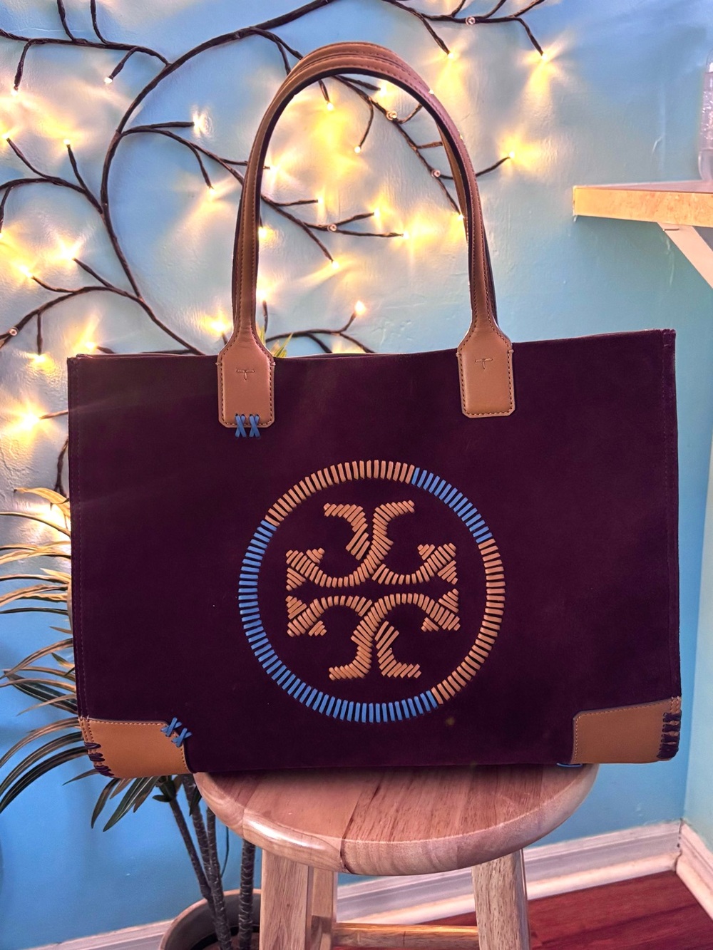 Tory Burch Brown Suede Leather Tote with Blue Embroidered Logo